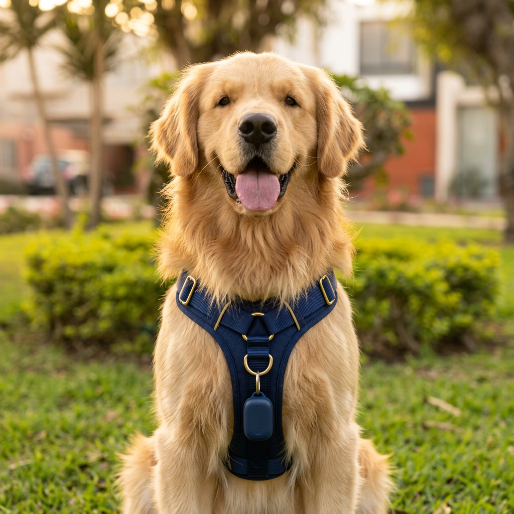 Golden retriever con arnés ChiefPaws y GPS paseando al atardecer